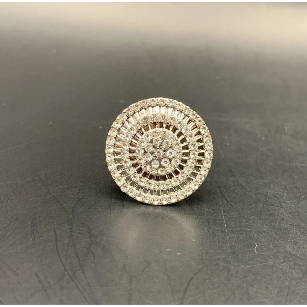 Clear Rhinestone Round Statement Ring Size 7.25 Large Big Floral Flower Center